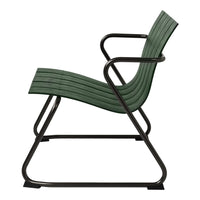 Green striped lounge chair with a sleek black metal frame, featuring a modern, minimalist design.