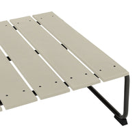 Light beige slatted surface with black metal frame, featuring a modern, minimalist design and subtle texture.