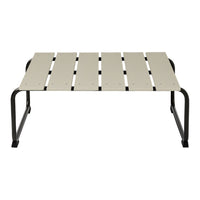 Light beige slatted top on a black metal frame, offering a minimalist and modern design. Perfect for versatile decor.