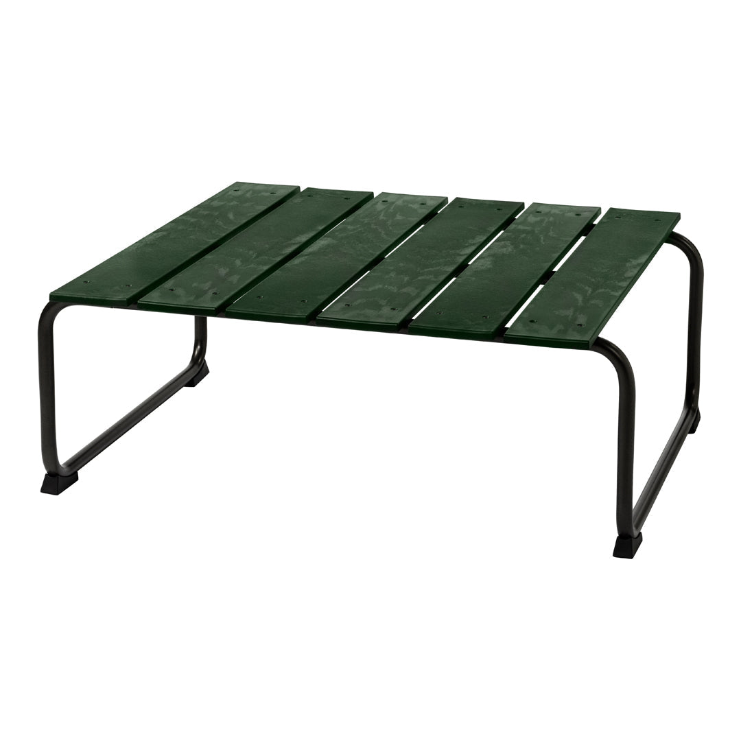 Green slatted tabletop with a sturdy black metal frame, ideal for outdoor furniture. Simple and modern design.