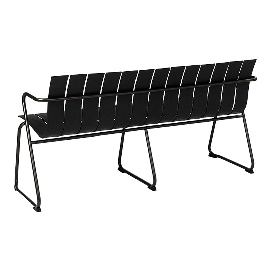 Black slatted bench with sleek metal frame, featuring a modern, minimalist design for outdoor or indoor spaces.