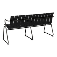 Black slatted bench with sleek metal frame, featuring a modern, minimalist design for outdoor or indoor spaces.