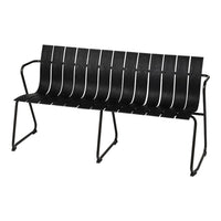 Black and white striped metal bench with a modern design, featuring sleek lines and a minimalist aesthetic.