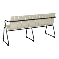 Light beige slatted bench with a sleek black metal frame, perfect for outdoor or indoor use.