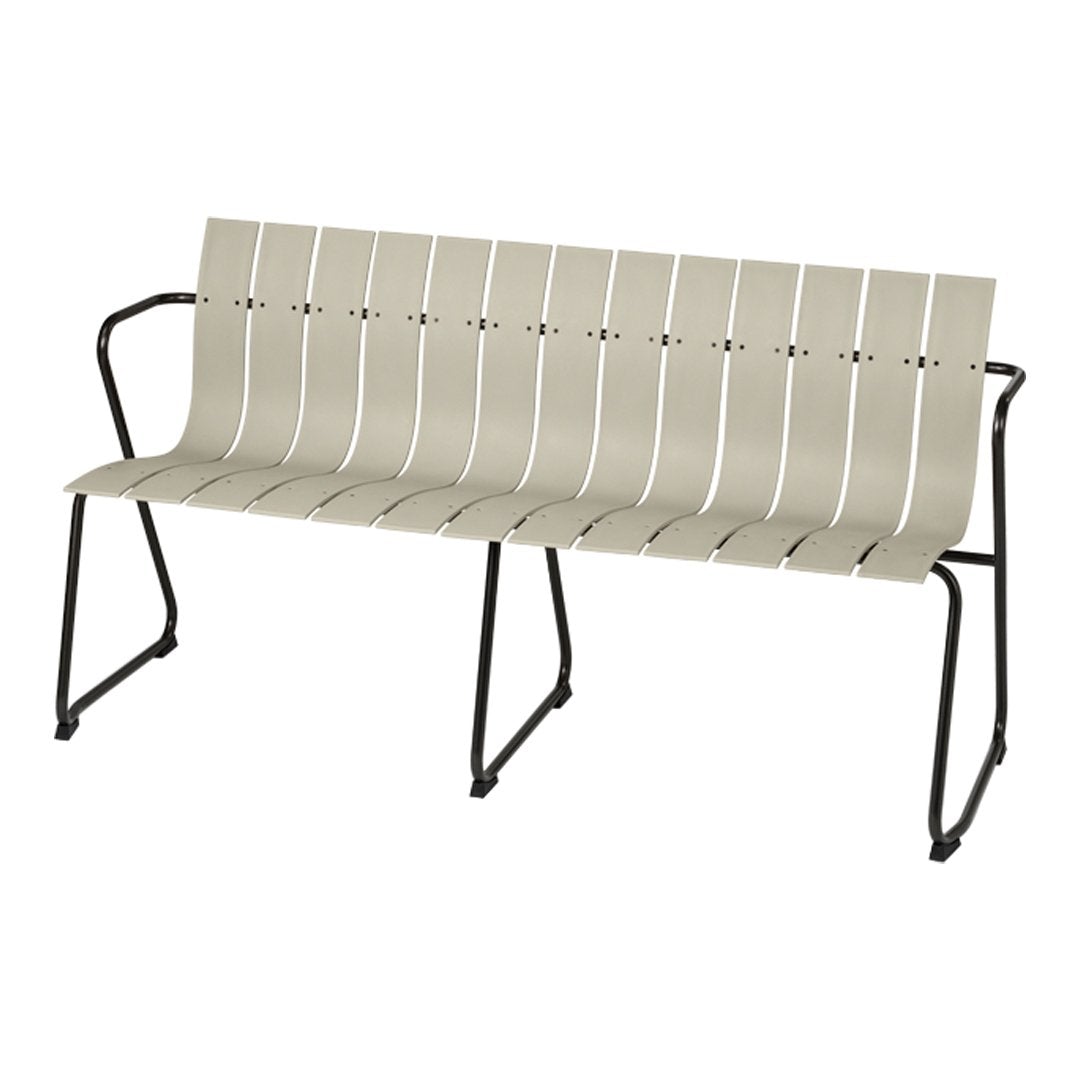 Light beige bench with sleek, horizontal slatted design and black metal frame, perfect for outdoor or indoor use.