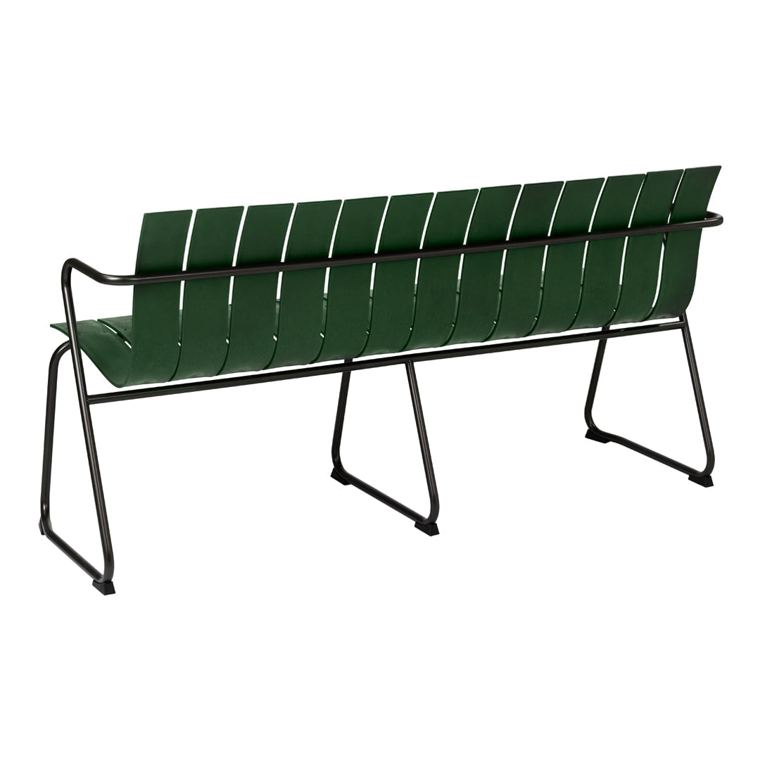 Green slatted bench with sleek black steel frame, modern design for outdoor or indoor use.