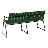Green slatted bench with sleek black steel frame, modern design for outdoor or indoor use.
