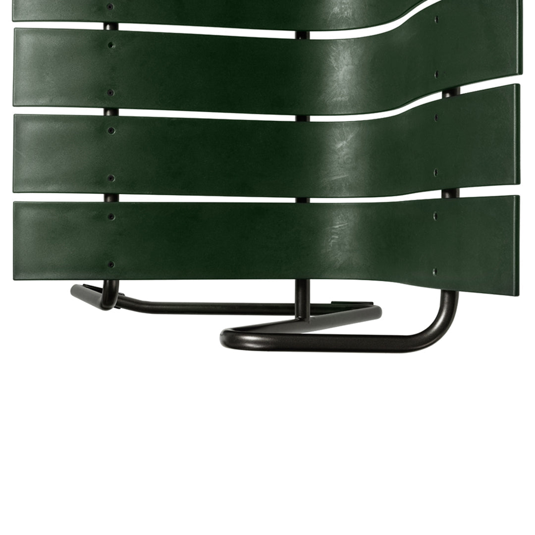 Green wavy slats with a black metal base, showcasing a modern, sleek design and unique color contrast.