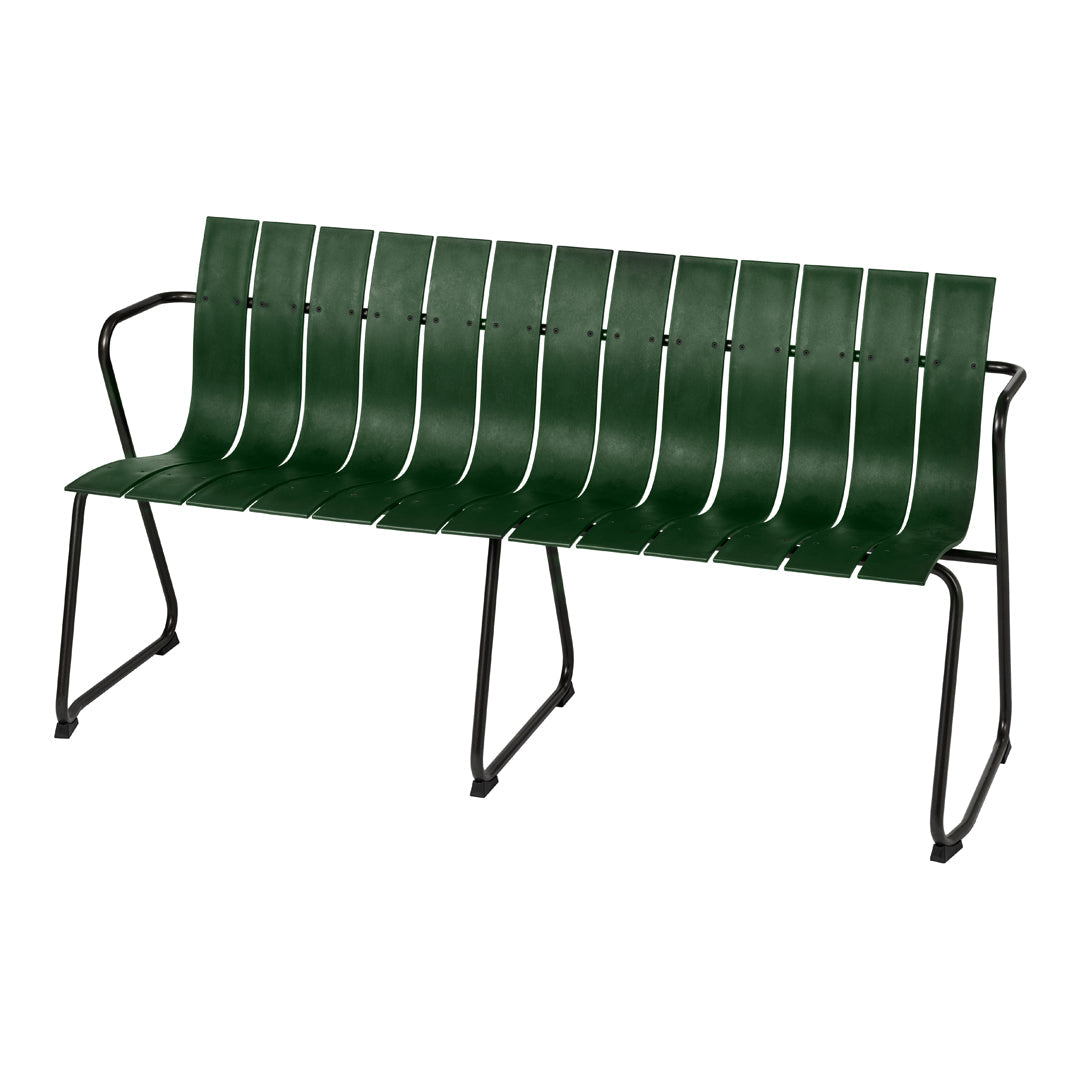Green slatted bench with black metal frame, featuring horizontal white stripes for a modern design.