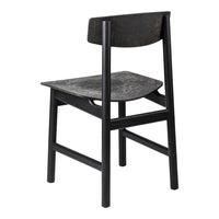 Black wooden chair with a textured seat and backrest, featuring a modern minimalist design.