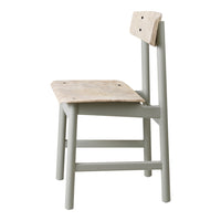 "Minimalist chair featuring a light wood seat with a natural finish and a soft gray frame for a modern touch."