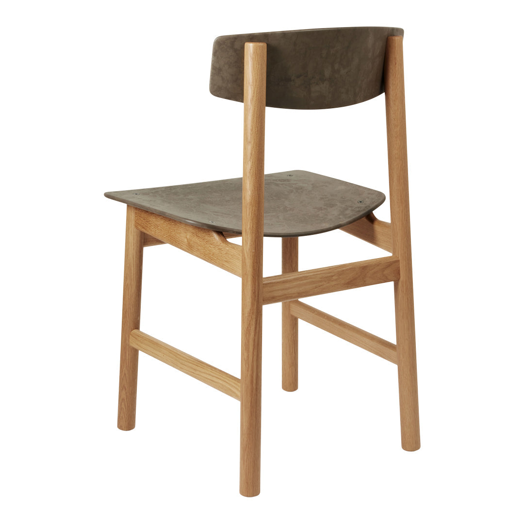 Solid wood chair featuring a natural oak finish and a dark grey fabric seat. Simple, modern design with clean lines.