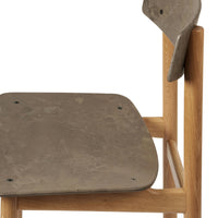 Gray seat and backrest on natural wood frame, featuring a sleek, modern design with minimalist lines.