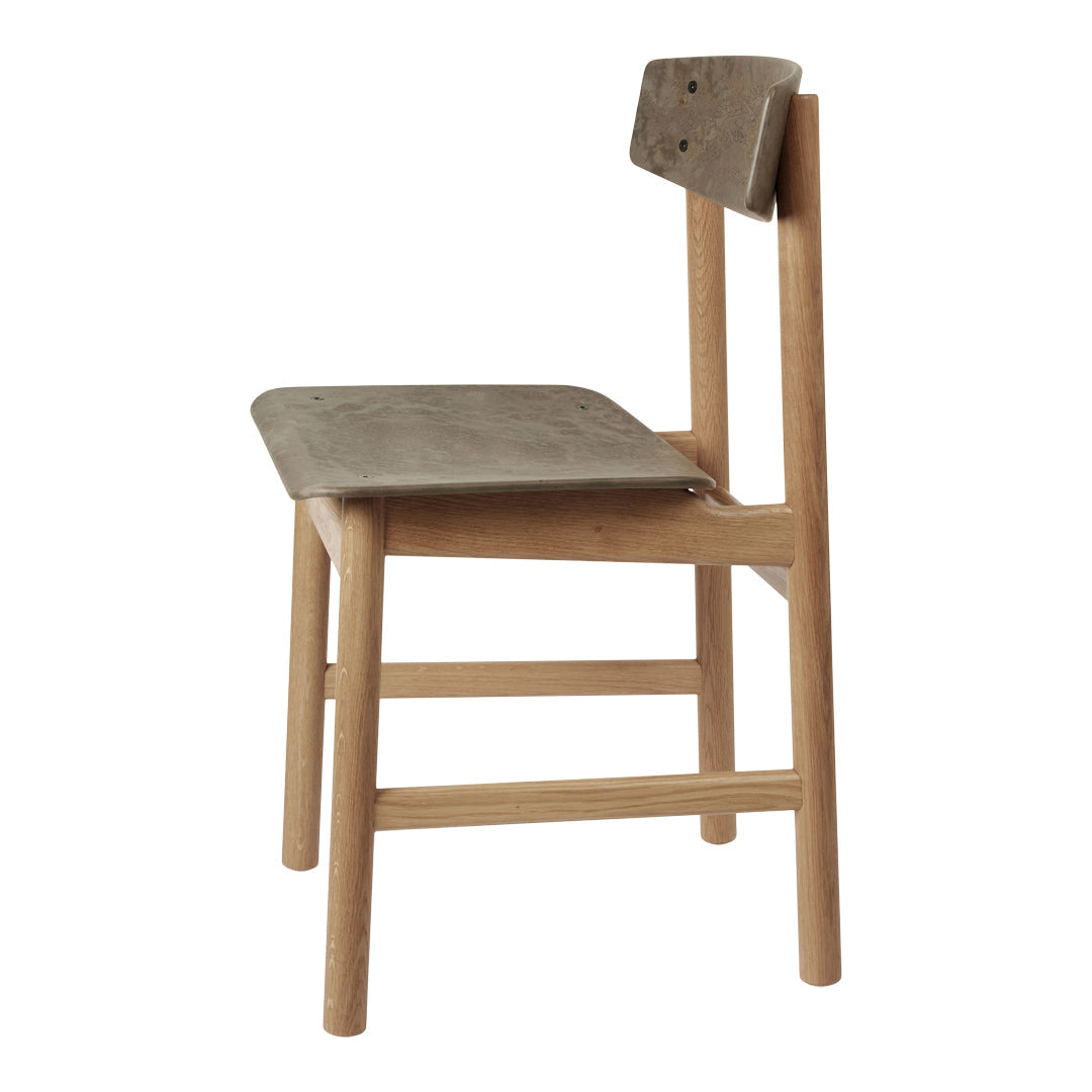 Natural wood chair with a sleek, gray seat and backrest, featuring a minimalist design and clean lines.