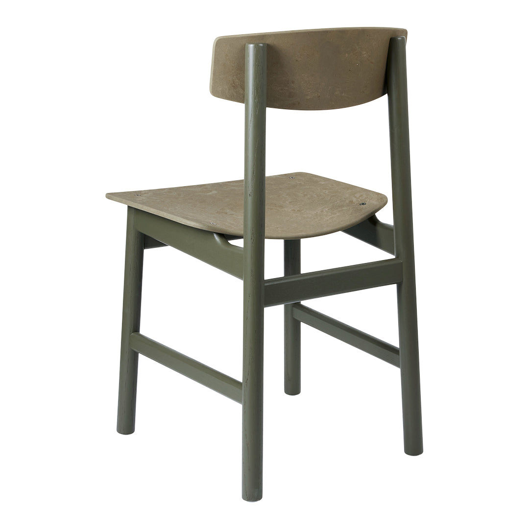 Olive green wooden chair with a flat, minimalist design and a smooth, neutral-toned seat. Perfect for modern interiors.