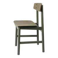 Olive green wooden chair with a textured surface and simple design, featuring a natural finish on the seat and backrest.