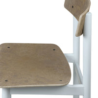 Light wood seat and backrest with a smooth, matte finish, contrasting white legs for a modern look.