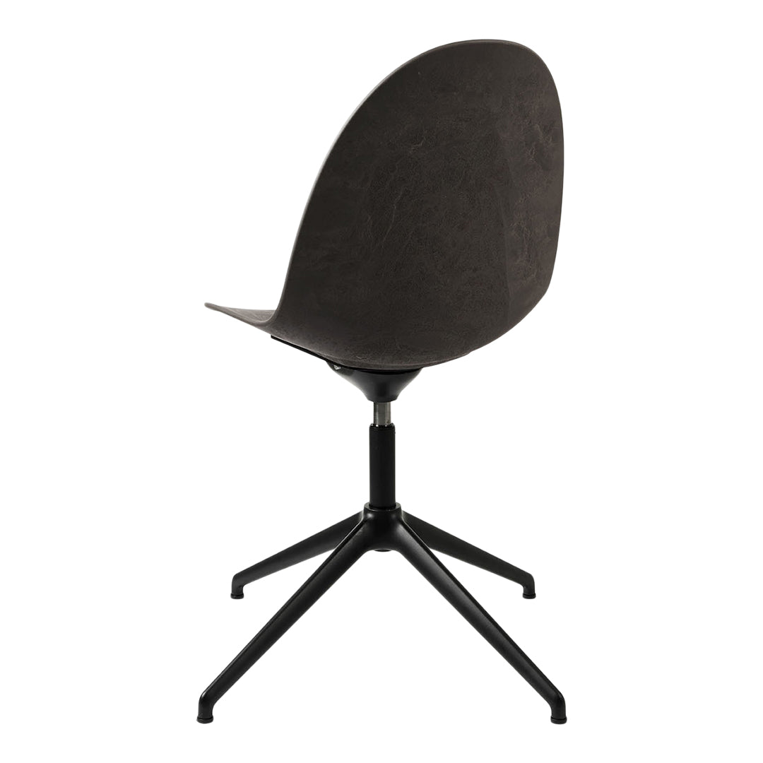 Black suede chair with a smooth, curved backrest and sleek black metal base, perfect for modern decor.