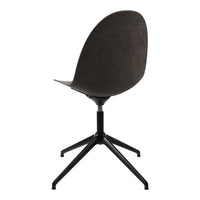 Black suede chair with a smooth, curved backrest and sleek black metal base, perfect for modern decor.