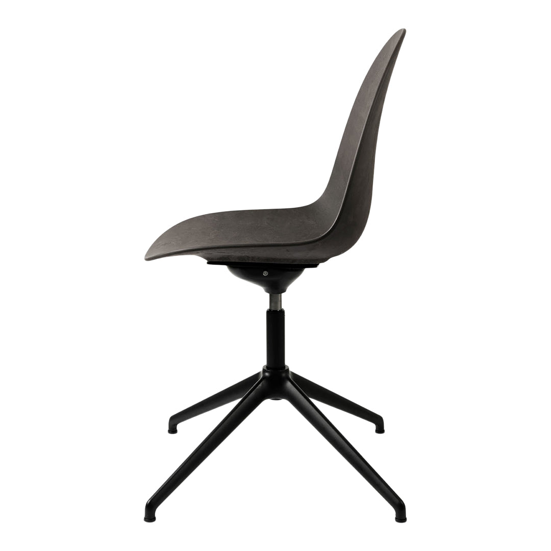 Modern gray swivel chair with a sleek design and a smooth, curved seat on a black metal base.