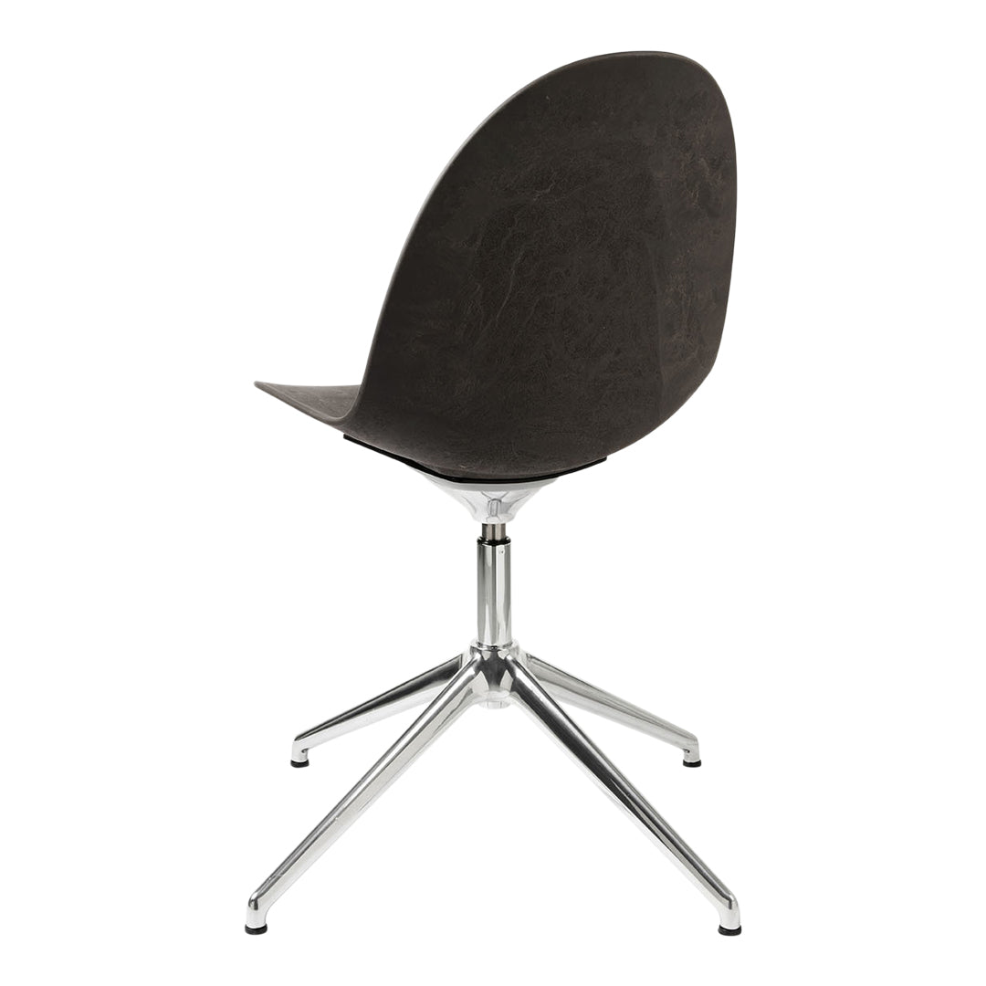 Black upholstered chair with a sleek, rounded back and chrome base, offering a modern and minimalist design.