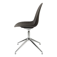 Gray upholstered chair with a sleek, modern design and a shiny chrome base, perfect for contemporary spaces.