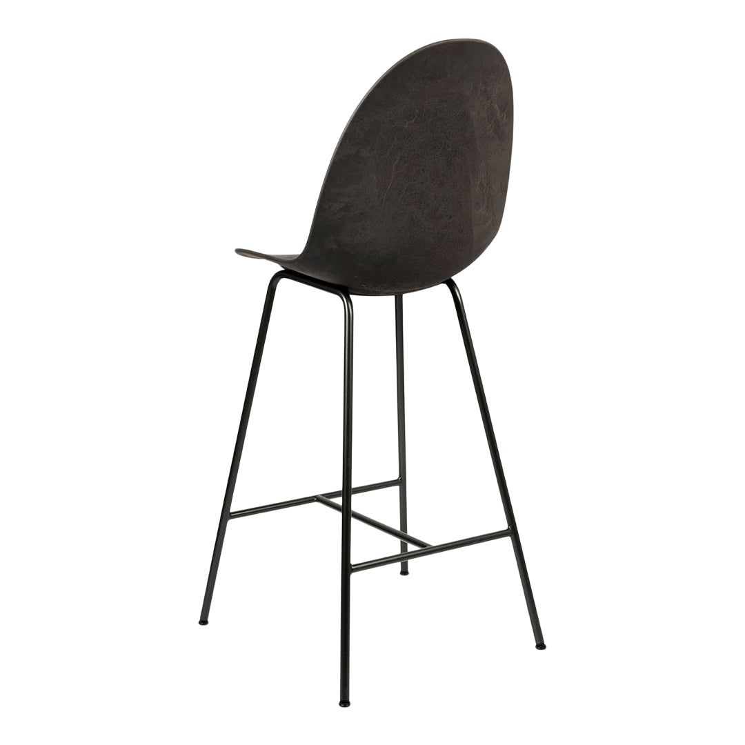 Sleek black upholstered bar stool with a minimalist metal frame, showcasing a smooth, modern silhouette.