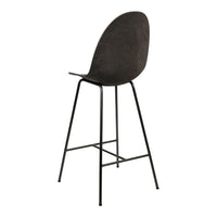 Sleek black upholstered bar stool with a minimalist metal frame, showcasing a smooth, modern silhouette.