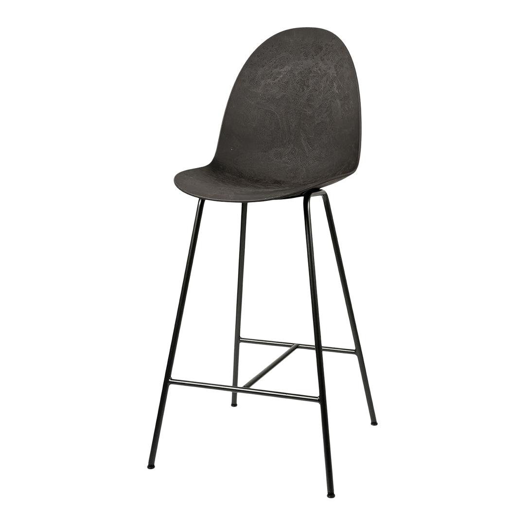 Black bar stool with a smooth, curved seat and sleek metal legs, featuring a minimalist and modern design.