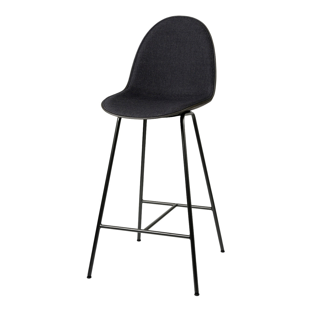 Black upholstered bar stool with sleek metal legs, featuring a simple, modern design.