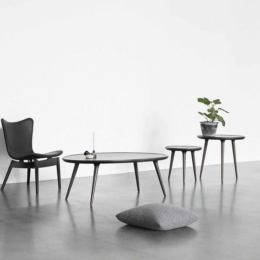 "Modern black furniture set featuring smooth surfaces and minimalist design. Includes chair, tables, and decorative plant."