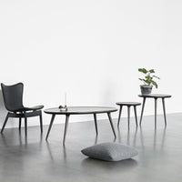 "Modern black furniture set featuring smooth surfaces and minimalist design. Includes chair, tables, and decorative plant."
