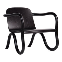 Black wooden armchair with smooth, curved lines and a sleek, minimalist design. Elegant and modern aesthetic.