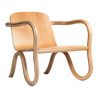Sleek light wood chair with smooth curved lines, showcasing a natural grain pattern and a minimalist design.