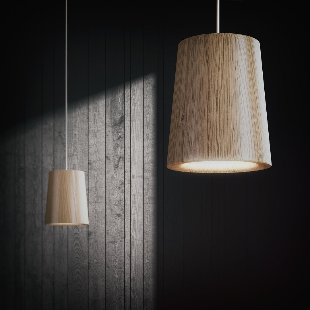"Natural wood pendant lights with smooth grain pattern, showcasing warm tones against a dark backdrop."