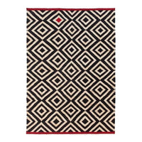 Black and cream geometric diamond pattern rug with a red border and accents.