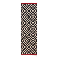 Black and cream diamond pattern runner rug with a red border for modern home decor.