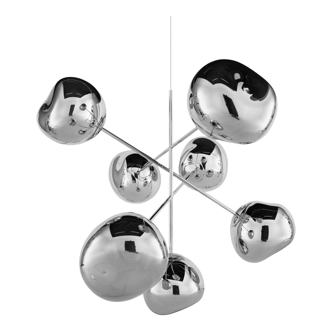 Sleek chrome pendant light featuring organic, rounded shapes and reflective surfaces for a modern aesthetic.