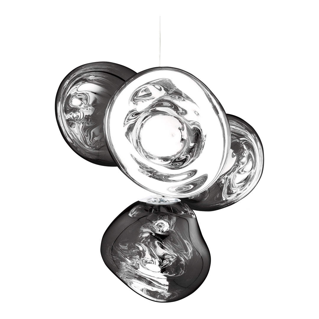 Modern pendant light featuring a sleek, glossy finish in clear and smoky black tones with organic, rounded shapes.