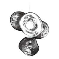 Modern pendant light featuring a sleek, glossy finish in clear and smoky black tones with organic, rounded shapes.