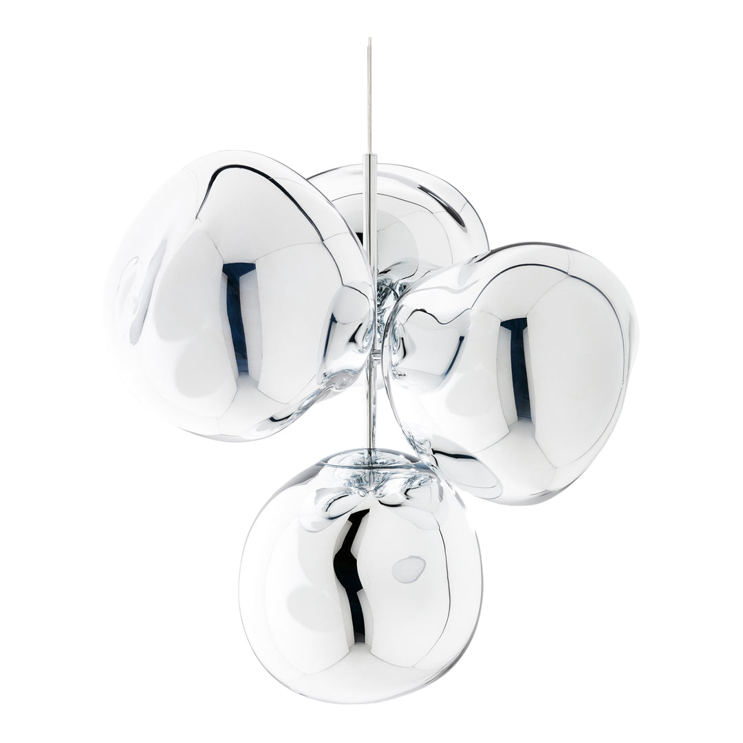 Glossy silver pendant light with rounded, abstract bubble shapes and reflective surfaces. Ideal for modern decor.