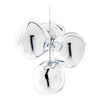 Glossy silver pendant light with rounded, abstract bubble shapes and reflective surfaces. Ideal for modern decor.