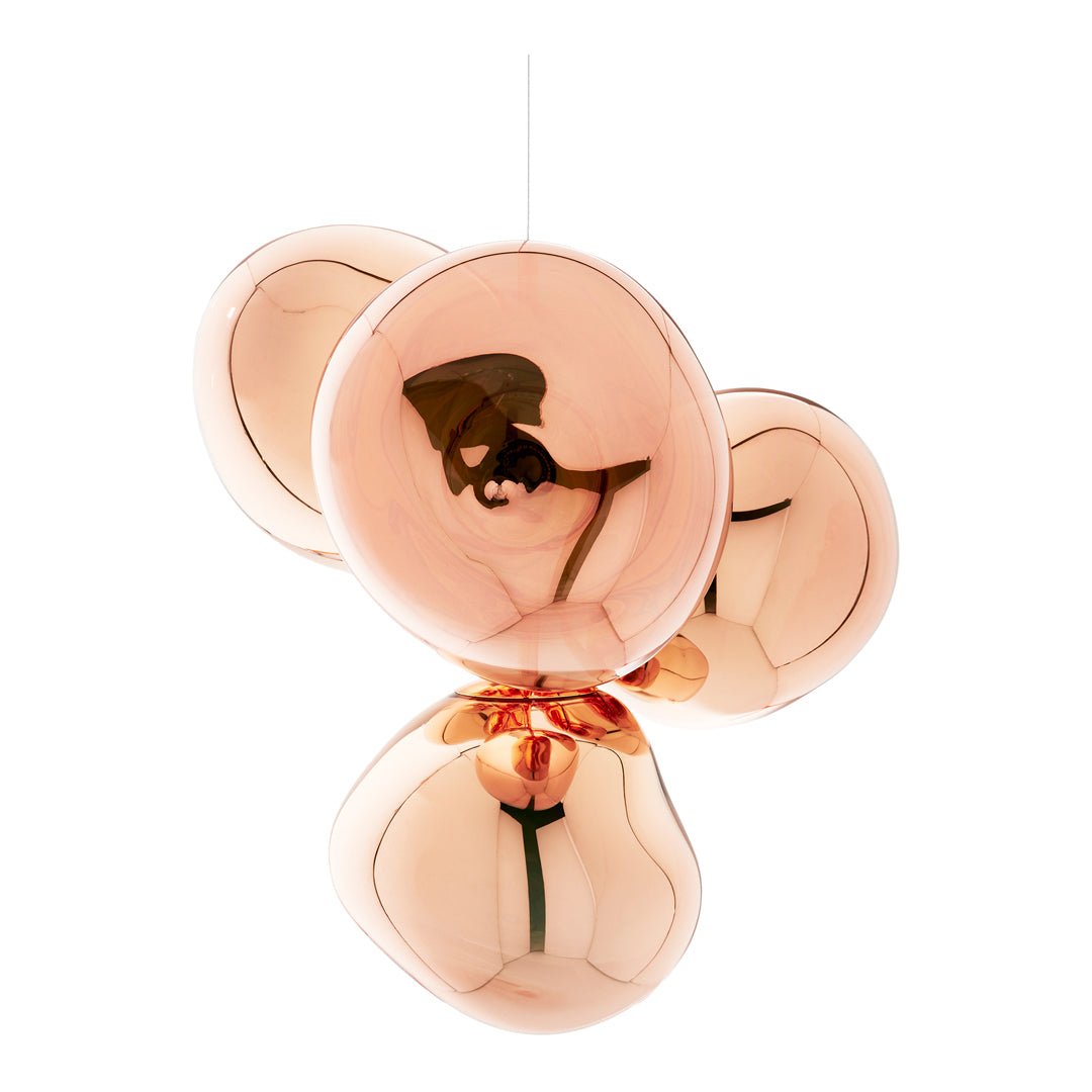 Copper-toned pendant light with a smooth, glossy finish and organic bubble-like shapes. Perfect for modern décor.