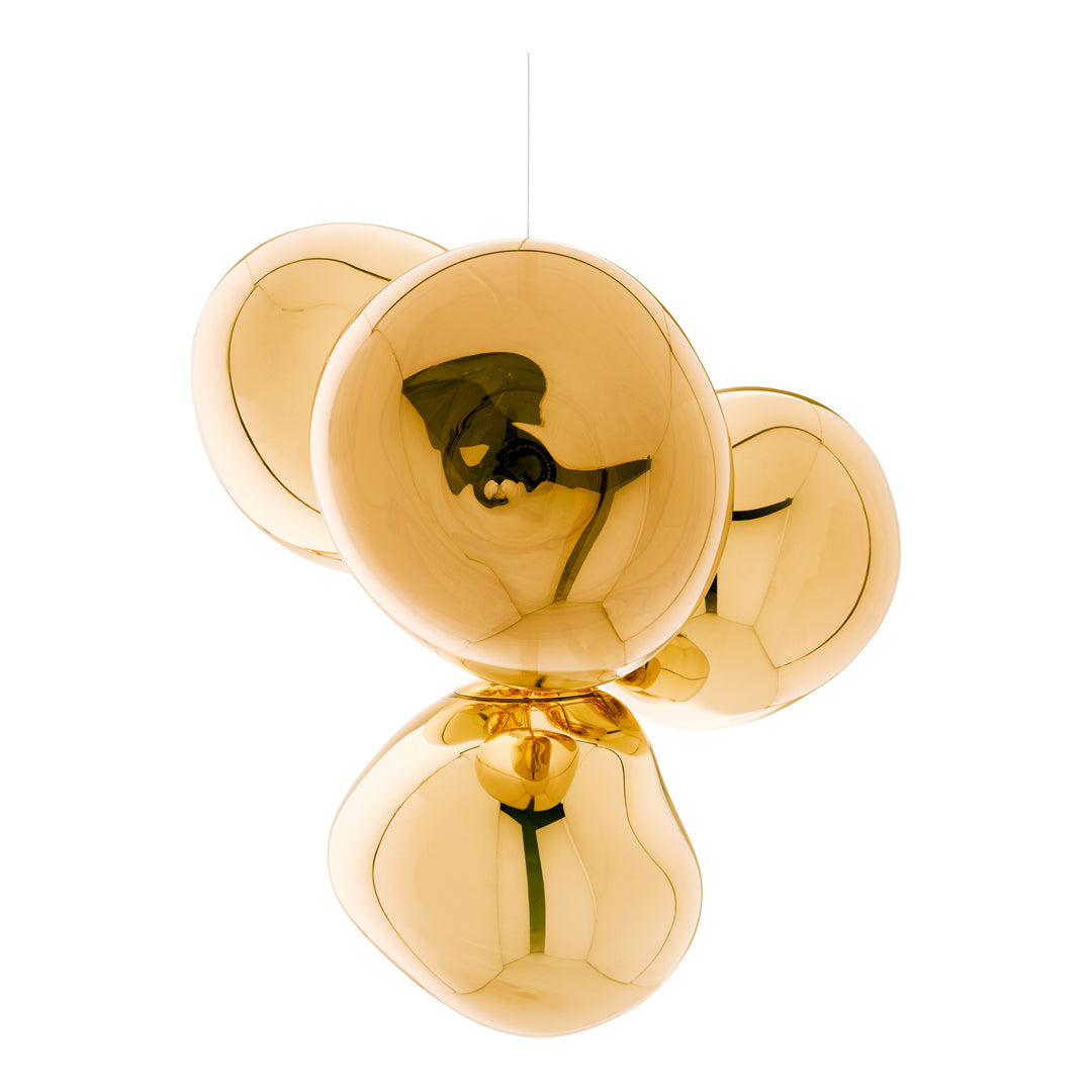 Gold pendant light with smooth, rounded shapes and a glossy finish, reflecting light beautifully. Ideal for modern decor.