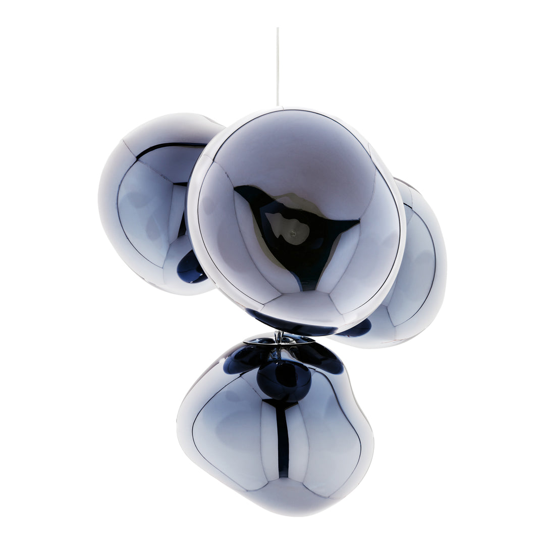 "Modern pendant light featuring glossy black and silver orbs in a contemporary, abstract arrangement."