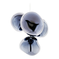 "Modern pendant light featuring glossy black and silver orbs in a contemporary, abstract arrangement."