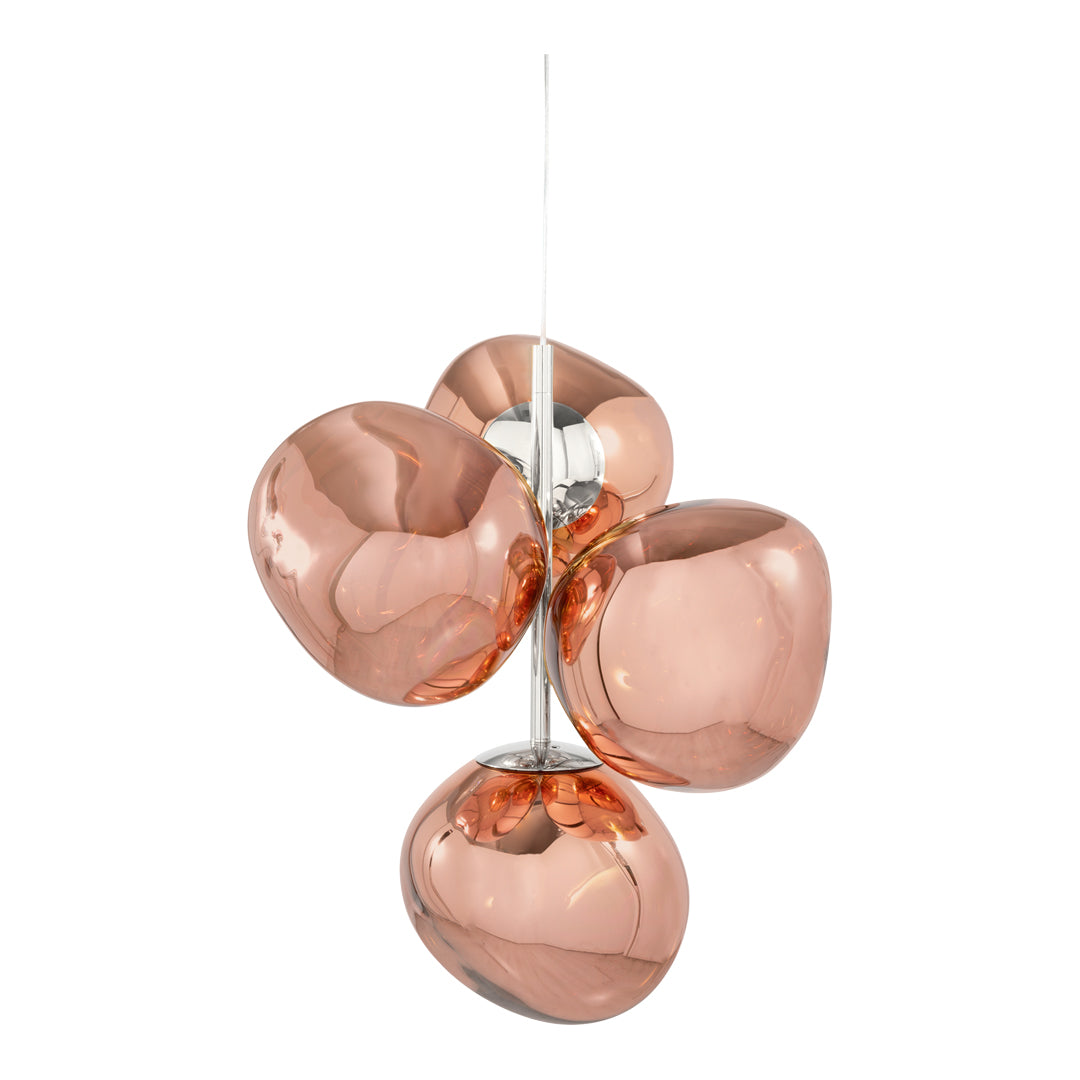 Rose gold pendant light with smooth, rounded glass shapes, featuring a glossy finish and a sleek chrome detail.