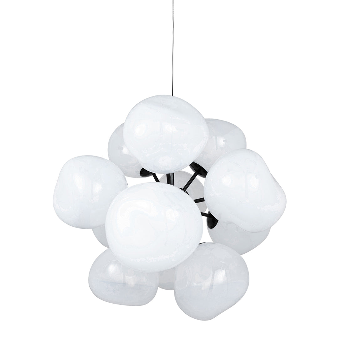 Modern white pendant lamp with glossy, rounded glass globes and a sleek black frame. Perfect for contemporary decor.