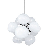 Modern white pendant lamp with glossy, rounded glass globes and a sleek black frame. Perfect for contemporary decor.