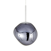 Sleek silver pendant light with a smooth, reflective surface and organic shape, perfect for modern decor.